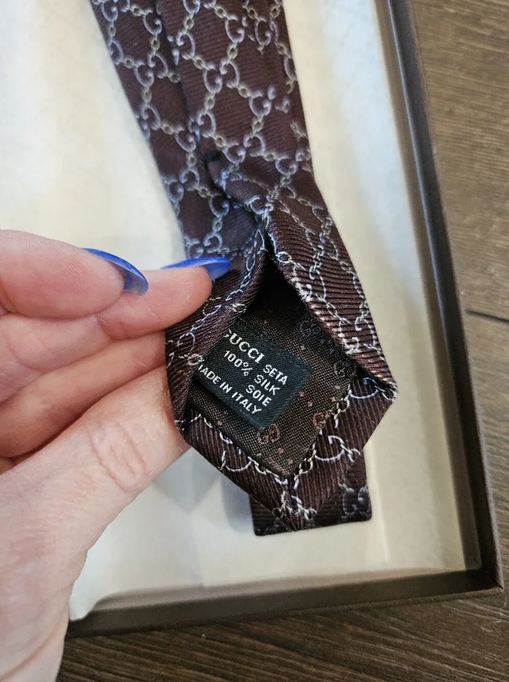 Gucci Brown GG Monogram Silk Tie Italy 100% Silk w/ Gucci Gift Box